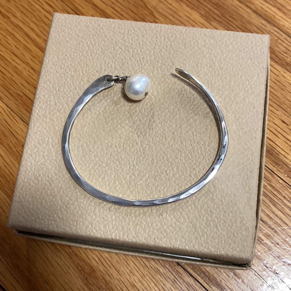 Hammered Sterling Silver Cuff Bracelet with White Pearl Accent